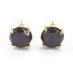 Обсидиан Натуральные серьги из оссидиана, с фурнитурой латунной золотого тона, плоские круглые граненые, 11 мм , штифт: 0.8 мм