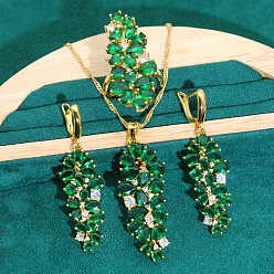 Зеленый Ожерелья с подвесками из листовой латуни и кубическими циркониями, серьги-кольца и комплекты колец, золотые, зелёные, 450мм и 60мм и 18.1мм
