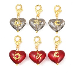 Mixed Color 6Pcs Heart with Star Moon Sun Glass Pendant Decorations, with Alloy Lobster Claw Clasps, Mixed Color, 27mm