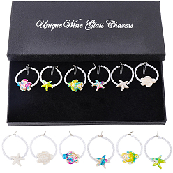 (52) Непрозрачная лаванда 6 шт. 6 стили стеклянные бусины и синтетические бирюзовые подвески в виде морских черепах, морских звезд и бокалов для вина, с медными кольцами, платина, разноцветные, 33 мм, 1 шт / стиль