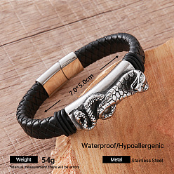 Serpent Bracelets vintage en cuir PU tressé et en acier inoxydable avec fermoirs magnétiques pour hommes, couleur inox, noir, serpent, diamètre intérieur: 304 pouce (2.76 cm)