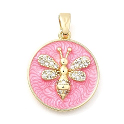 Ярко-Розовый Латунные микро проложить кубического циркония подвески, Эмаль стиле, плоский круглый с пчелами, реальный 18 k позолоченный, ярко-розовый, 19x17x3 мм, отверстие : 4x3 мм