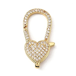 Настоящее золото 18K Застежки-клешни из прозрачной латуни с кубическим цирконием, без кадмия, без никеля и без свинца, сердце, реальный 18 k позолоченный, 26.5x15x5 мм, отверстие : 8x2 мм