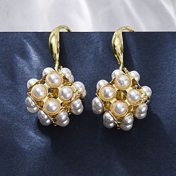 Настоящее золото 18K Латунные качают серьги, с ABS имитации жемчуга, стойки покрытие, долговечный, без свинца и без кадмия, круглые, реальный 18 k позолоченный, 28x12.5 мм