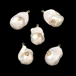 Pink Подвески из латуни и перламутра с микропаве из кубического циркония, самородки очарование, долговечный, стойки покрытие, без свинца и без кадмия, реальный 18 k позолоченный, розовые, 22~28x13~15x13~16 мм, отверстие : 1.8 мм