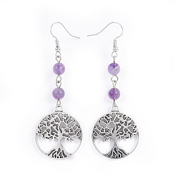 Amethyst Tibetan Style Alloy Dangle Earrings, with Natural Amethyst Beads and Iron Earring Hooks, Flat Round with Tree of Life, 71.5mm, Pin: 0.6mm