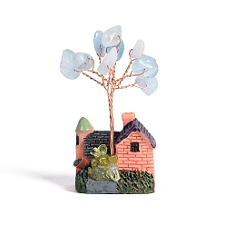 Аквамарин Украшения дисплей смолы, энергетический камень рейки фэн-шуй украшение, с натуральным аквамариновым деревом и медной проволокой, дом, 29x20x50~55 мм