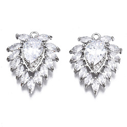 Платина Латунные микропаве прозрачные подвески с фианитом, без кадмия, без никеля и без свинца, лист, платина, 23x18x4 мм, отверстие : 1.8 мм