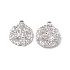 Stainless Steel Color Non-Tarnish 304 Stainless Steel Pendants, Textured, Flat Round with Moon & Star, Stainless Steel Color, 24x20x2mm, Hole: 2.8mm