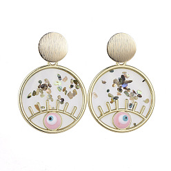 Pink Ohrstecker baumeln, mit Epoxidharzanhängern, Schale, Email- und Ohrringrücken, flach rund mit bösen Blick, echt 18 k vergoldet, rosa, 50 mm, Stift: 0.7 mm
