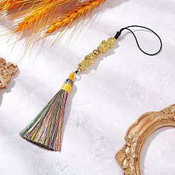 Золотой Бусины из сплава пиксиу подвесные украшения, полиэстеровая кисточка для украшения брелока для рюкзака, золотые, 202 мм