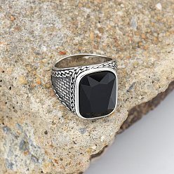 Черный 304 мужские перстни из нержавеющей стали с кубическим цирконием, античное серебро, прямоугольные, чёрные, размер США 7 (17.3 мм)
