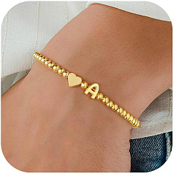 Letter A Эластичные браслеты из сплава бусин для женщин, сердце с письмом, золотые, буква a, 6.69 дюйм (17 см)