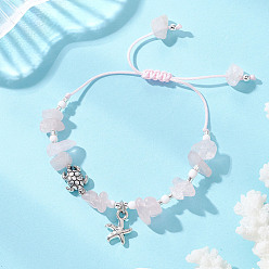 Розовый Кварц Браслеты из сплава с подвесками в виде черепах, Регулируемые браслеты из натуральных бусин розового кварца, плетеные из бусин, для женщин и мужчин., внутренний диаметр: 1.40~2.66 дюйм (6.6~6.75 см)