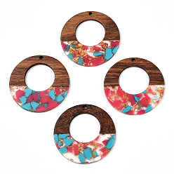 Камелия Подвески из прозрачной смолы и ореха, золотой фольгой, пончики, камелия, 38x3 мм, отверстие : 2 мм