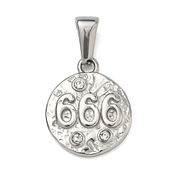 Нержавеющая Сталь Цвет Текстурированные 304 подвески из нержавеющей стали, плоский круглый с подвеской в виде цифры 6, со стразами, цвет нержавеющей стали, 18x15x3 мм, отверстие : 7x3.7 мм