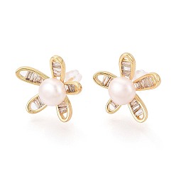 Настоящее золото 18K Цветок латуни микро проложить кубического циркония серьги стержня, с натуральным жемчугом и 925 булавками из стерлингового серебра, долговечный, реальный 18 k позолоченный, 18.5x20 мм