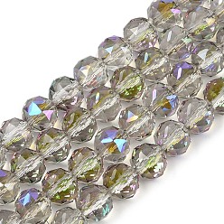 Желто-Зеленый Прозрачные стеклянные бусины гальваническим пряди, граненые, круглые, желто-зеленый, 7.5x7 мм, отверстие : 1.2 мм, около 70 шт / нитка, 19.17~20.08'' (48.7~51 см)