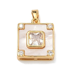 Золотой Латунные микропаве прозрачные подвески с фианитом, с подвесками из натуральных ракушек, квадратных амулеты, золотые, 17.5x15x5.5 мм, отверстие : 4x2 мм