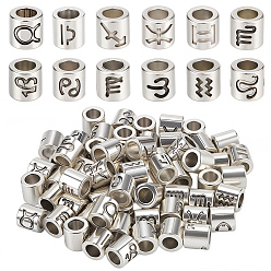 Antique Silver 72Pcs 12 Styles Tibetan Style Zinc Alloy European Beads, Large Hole Beads, Column with Constellation, Antique Silver, 8~8.5x8~8.5mm, Hole: 4.5mm, 6pcs/style