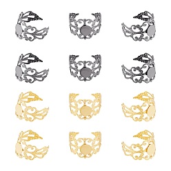 Golden & Stainless Steel Color Brass Filigree Ring Shanks, Pad Ring Base Findings, Adjustable, Golden & Stainless Steel Color, Size 7(17mm), Tray: 8mm, 2 colors, 10pcs/color, 20pcs/box