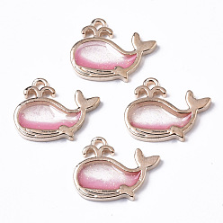 Pink Alloy Resin Pendants, with Glitter Powder, Dolphin, Lead Free, Golden, Pink, 15x19x2.5mm, Hole: 1.6mm