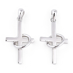 Платинированный Подвески из серебра 925 пробы с родиевым покрытием 925, кольцо корсс со штампом 925, Реальная платина, 26x15x1.5 мм, отверстие : 3.5x5 мм, круг: 10x10x1.5 mm