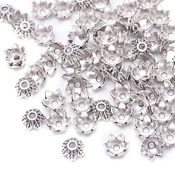 Antique Silver Tibetan Style Alloy Bead Caps, Multi-Petal Flower, Antique Silver, 9x8mm