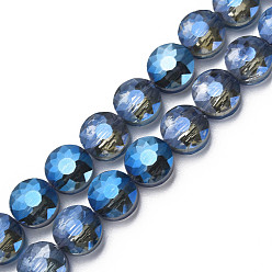 Blue Electroplate Transparent Glass Beads Strands, Faceted, Flat Round, Blue, 10x6mm, Hole: 0.9mm, about 70pcs/strand, 27.95 inch(71cm)