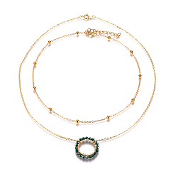 Sea Green Ring Electroplate Glass Beads Necklaces Sets, with Brass Cable Chains, Linking Rings and Lobster Claw Clasps, Sea Green, 14 inch(36cm), 18.9 inch(48cm), 2pcs/set