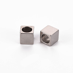 Stainless Steel Color Non-Tarnish 303 Stainless Steel European Beads, Large Hole Beads, Cube, Stainless Steel Color, 7x7x7mm, Hole: 5mm