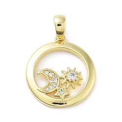 Настоящее золото 18K Латунные микро проложить кубического циркония подвески, без кадмия, без никеля и без свинца, круглое кольцо и подвески в виде луны, солнца и звезд, реальный 18 k позолоченный, 19.5x17.5x3 мм, отверстие : 5x3 мм