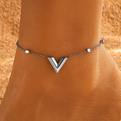 Letter V 304 браслет на ногу из нержавеющей стали для женщин, цвет нержавеющей стали, Буква V, 8-1/4 дюйм (21 см), 50 мм