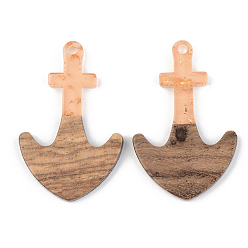 Dark Salmon Transparent Resin & Walnut Wood Pendants, with Gold Foil, Anchor, Dark Salmon, 38x24.5x3mm, Hole: 2mm