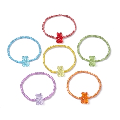 Color mezclado 6 Juego de pulseras de cuentas acrílicas con forma de oso estilo arcoíris para niños, con perlas de cristal de la semilla, color mezclado, 1/8 pulgada (0.3~0.35 cm), diámetro interior: 1-3/4 pulgada (4.6 cm), 6 PC / sistema