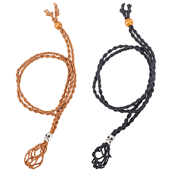 Mixed Color 2Pcs 2 Colors Adjustable Braided Waxed Cord Macrame Pouch Necklace Making, Interchangeable Stone, with Wood Beads & Alloy Pipe Beads, Black & Coffee, Mixed Color, 17-3/8~18-1/2 inch(44~47cm), 1pc/color