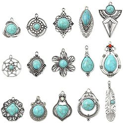 Античное Серебро 15шт 15 стили подвески из синтетической бирюзы, с фурнитурой сплавочной тибетского стиля, разнообразные, античное серебро, 21.5~42.5x11.5~25x3~7 мм, отверстие : 1.2~2.1 мм, 1 шт / стиль