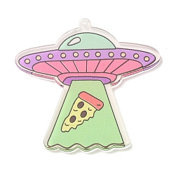Pink Printed Acrylic Pendants, Spaceship with Pizza Charms, Pink, 44.5x46.5x2.5mm, Hole: 1.5mm