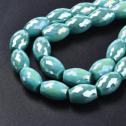 Light Sea Green Electroplate Glass Beads Strands, AB Color Plated, Faceted, Oval, Light Sea Green, 11x8mm, Hole: 1.2mm, about 60pcs/strand, 26.38 inch(67cm)