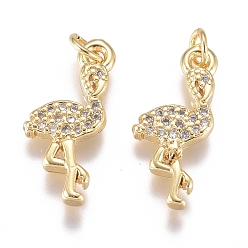 Golden Brass Micro Pave Cubic Zirconia Pendants, with Jump Ring, Long-Lasting Plated, Brass Micro Pave Cubic Zirconia Pendants, with Jump Ring, Long-Lasting Plated, Flamingo Shape, Clear, Golden, 18x8x2mm, Hole: 2.8mm