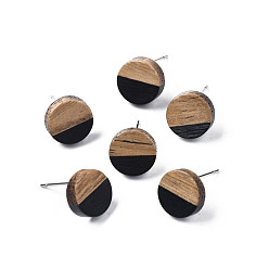 Черный Серьги-гвоздики из непрозрачной смолы и орехового дерева, с 316 штифтов из нержавеющей стали, плоско-круглые, чёрные, 10 мм, штифты : 0.7 мм
