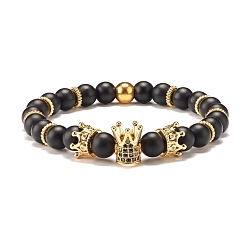 Black Stone Round Synthetic Black Stone Beaded Stretch Bracelet with Crown for Women, Golden, Inner Diameter: 2-1/4 inch(5.6cm)