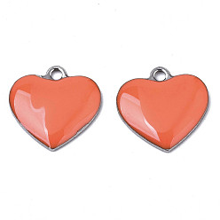Коралловый 201 из нержавеющей стали шармы эмали, сердце, цвет нержавеющей стали, коралл, 13x13x2 мм, отверстие : 1.5 мм