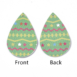 Светло-зеленый Большие кожаные подвески, Пасхальная тема, слеза с изображением звезды и волны, светло-зеленый, 55~56.5x35~37x2 мм, отверстие : 1~2 мм