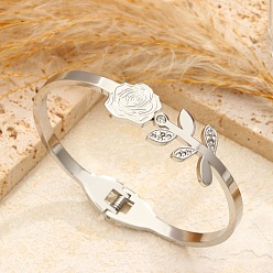 Stainless Steel Color 304 Stainless Steel Micro Pave Rhinestone Hinged Bangles for Women, Rose Flower, Stainless Steel Color, Inner Diameter: 1.81x2.40 inch(4.6x6.1cm)