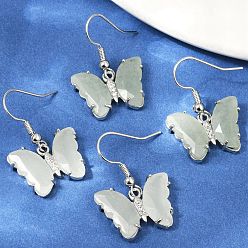 Зеленый Авантюрин Серьги-подвески из латуни с натуральным зеленым авантюрином, стойки покрытие, без свинца и без кадмия, платина, бабочка, 31x20.5 мм