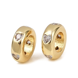 Настоящее золото 18K Латунные микро проложить Цирконий Европейский бисером, сердце, стойки покрытие, без кадмия и без свинца, долговечный, реальный 18 k позолоченный, 8x3 мм, отверстие : 4.5 мм