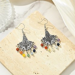 Fan Серьги-люстры с кисточками из драгоценных камней, с подвесками из сплава и 304 крючком из нержавеющей стали, старинное серебро и цвет нержавеющей стали, вентилятор, 57x27 мм