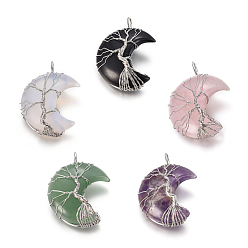 Mixed Stone Natural & Synthetic Mixed Stone Tree of Life Wire Wrapped Pendants, with Brass Findings, Crescent Moon, Platinum, 44~46x26~32x12.5mm, Hole: 6.5x4.5mm