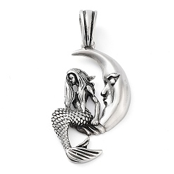 Античное Серебро 304 из нержавеющей стали большие кулоны, луна с шармом русалки, античное серебро, 50x25x4.8 мм, отверстие : 7.2x4.8 мм